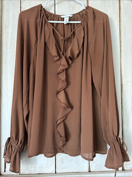 H&M Tops - H&M Brown Ruffle Tie-Neck Blouse